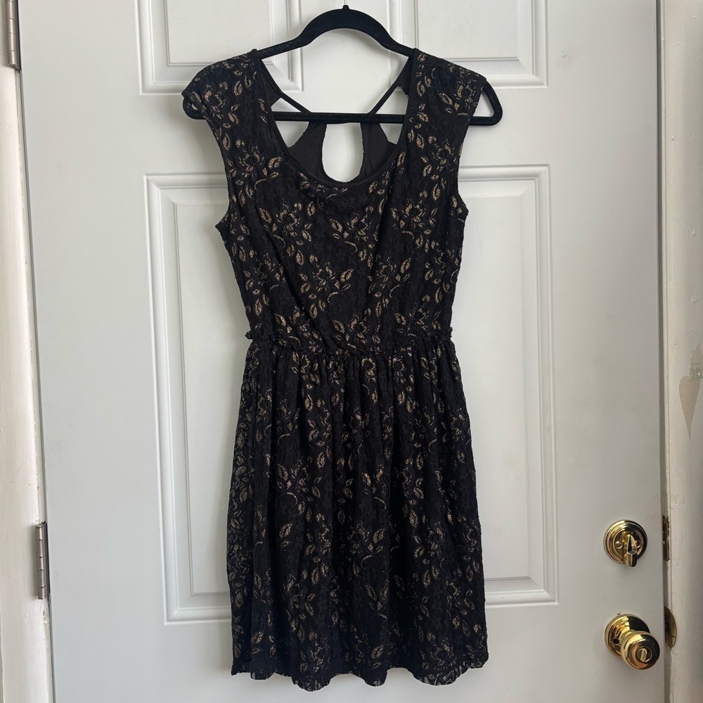 Studio M Black and Gold Cut-out Back Lace Dress, Size Small